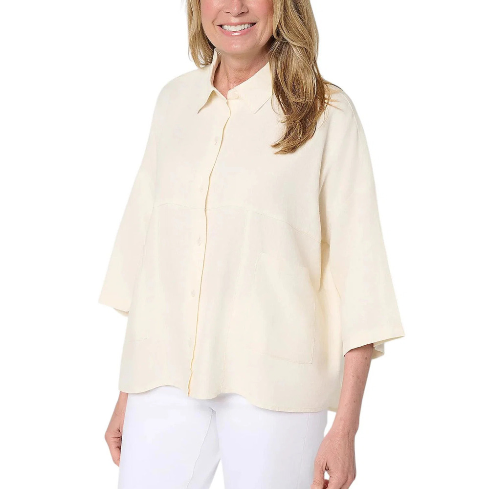 Peace Love World Boheme Linen Blend Pieced Short Slv Shirt Pristine - Regular